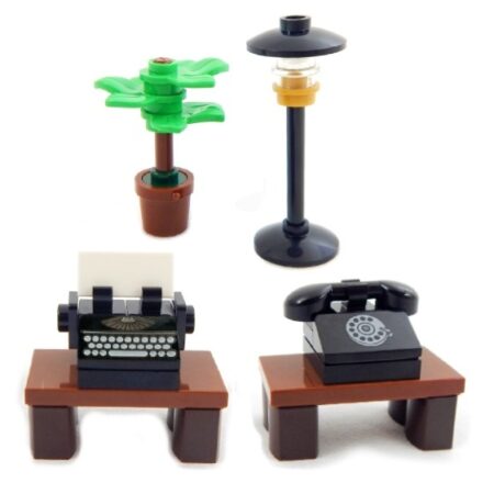 LEGO phone, typewriter, lamp and plant